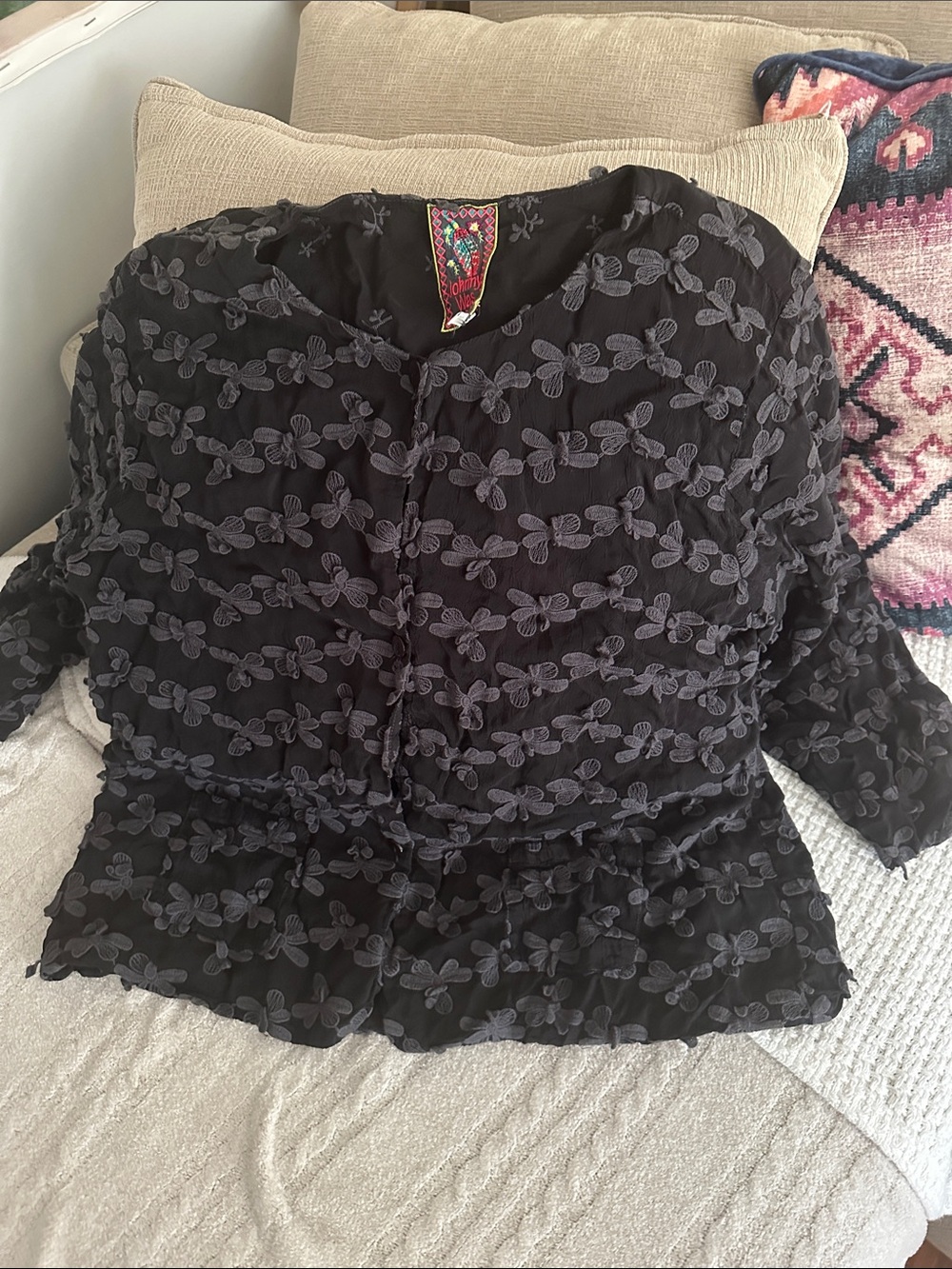 Johnny Was Black Embroidered Floral Peasant Top M/L